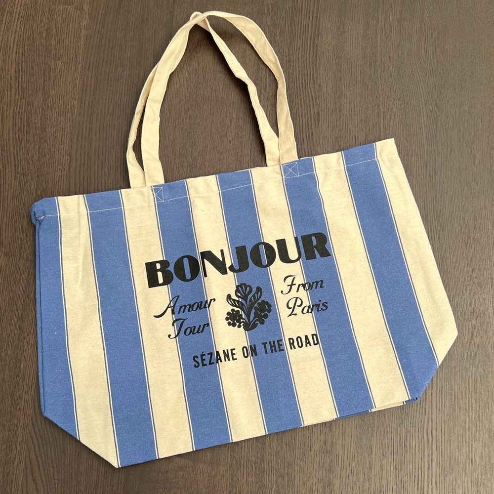 Sézane Bonjour Amour Tour Blue Striped Tote